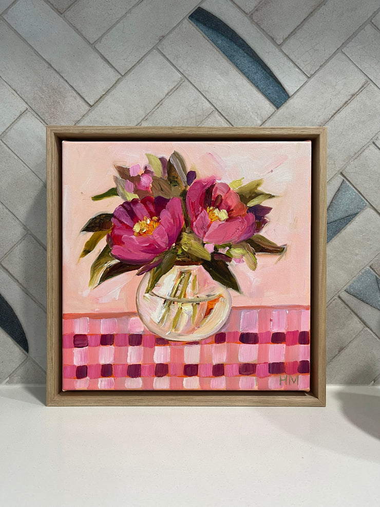 'Camelias on pink check' Original Painting