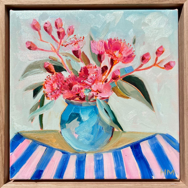 'Gum Blossoms on blue stripes' Original Painting