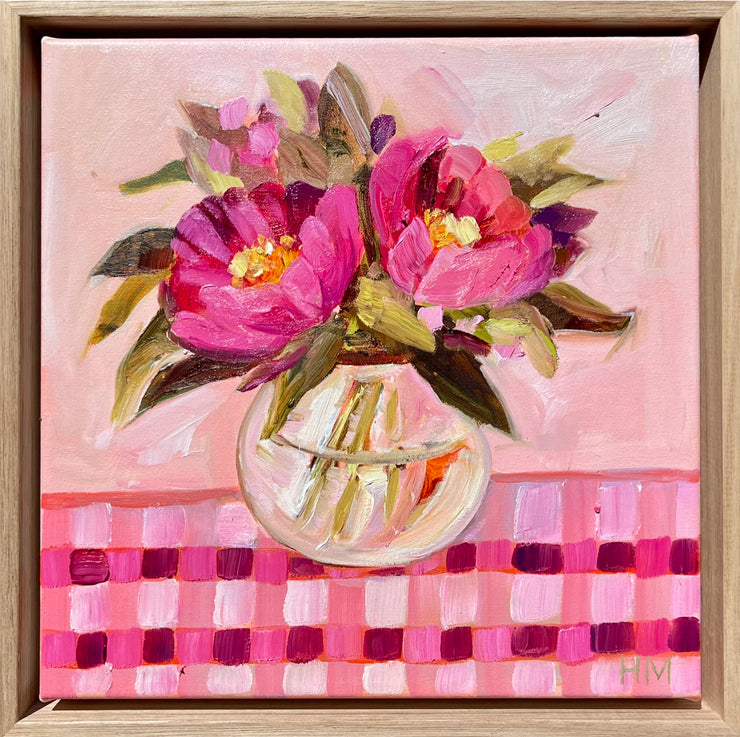 'Camelias on pink check' Original Painting